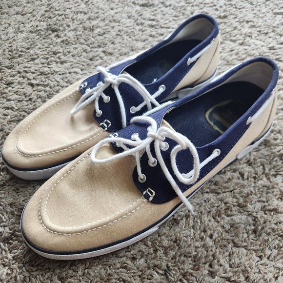 Polo Ralph Lauren Boat Shoes Slip-On Tie Two-Tone Men's 12 D Tan-Blue - Picture 1 of 8